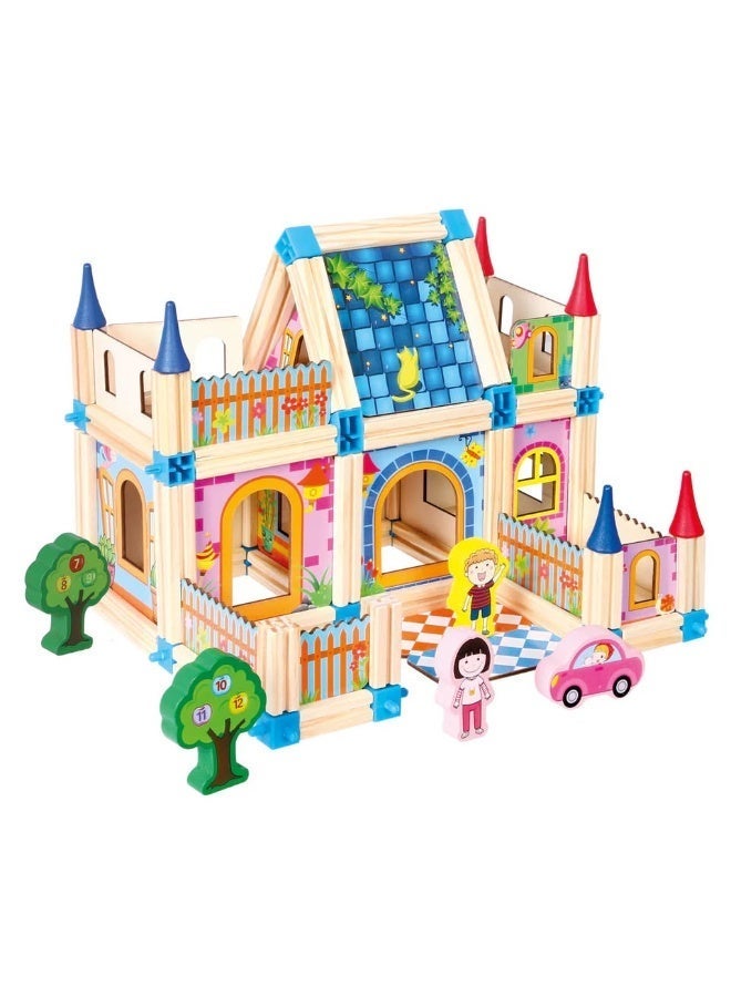 TOY GARDEN DIY Doll House, Dreamhouse Set, Wooden Dollhouse Building Set 3D Villa Model with Character Figures and Toy Car High Quality DIY Educational Construction Toy for Kids Ages 3 Plus Creative Gift for Boys and Girls Home Decoration - Image 1